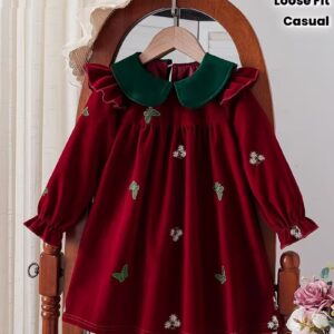 Girls' Vintage Floral & Peter Pan Collar Dress with Ruffled Sleeves - Burgundy & Green Floral Print, Long Sleeve Loose Fit Knee-Length Dress with Button Front, Perfect For Spring/fall, Sweet Princess Style For Parties, And Casual Attire