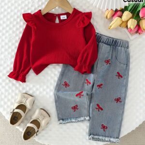 Girls' Red Long Sleeve Top with Puff Sleeves + Bow Embroidered Casual Pants Two-Piece Set, Perfect for Outdoor, Perfect for