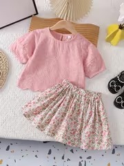 New Summer Youngsters's Clothing Set for Girls, Fashionable Korean Version with Hollowed-out Top and Floral Short Skirt Two-piece Set