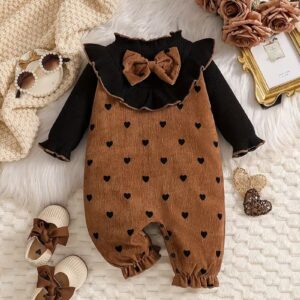 Corduroy Romper Jumpsuit - Long Sleeve Heart Pattern Brown & White Outfit with Ruffled Collar & Leg Fringe, Elastic Waist Bow Tie Closure, Soft Corduroy Onesie (Hand Washable) - Fall Winter Spring, Perfect for Outdoor